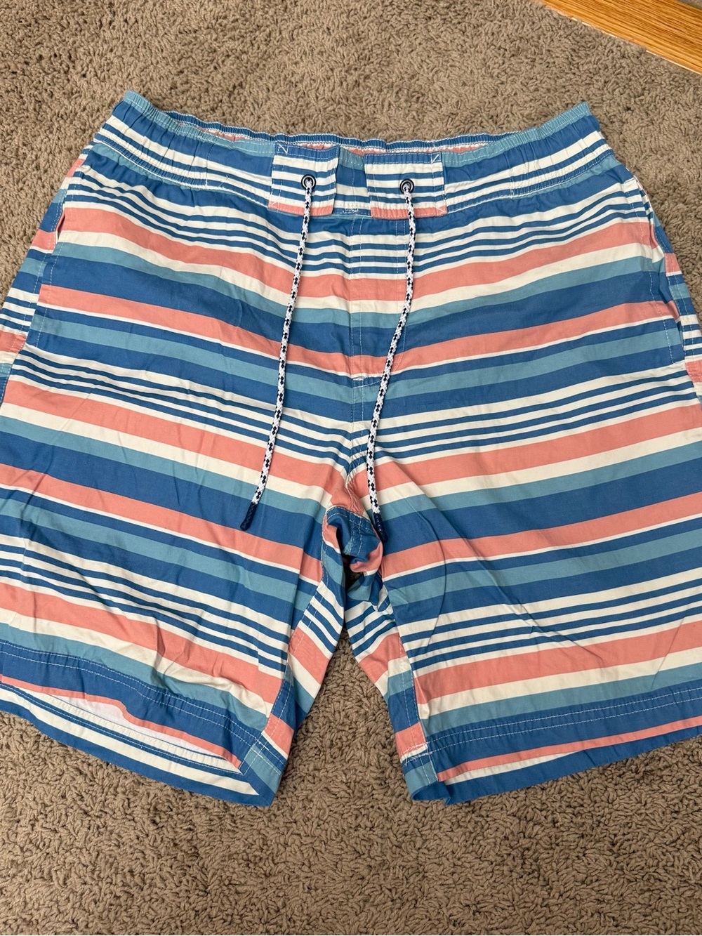 L.L. Bean Striped Coral and Blue Swim Trunks